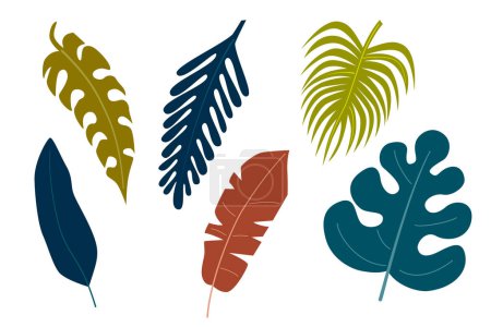 Ilustración de Modern set with tropical leaves, dense jungle. Minimalistic botanical pattern, trendy colors. - Imagen libre de derechos