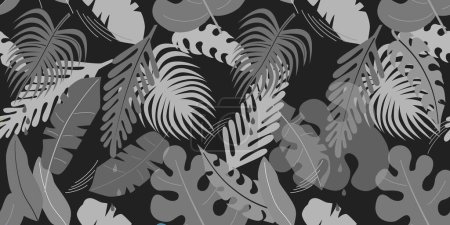 Téléchargez les illustrations : Modern seamless pattern with tropical leaves, dense jungle. Minimalistic botanical pattern, trendy colors. Vector background - en licence libre de droit
