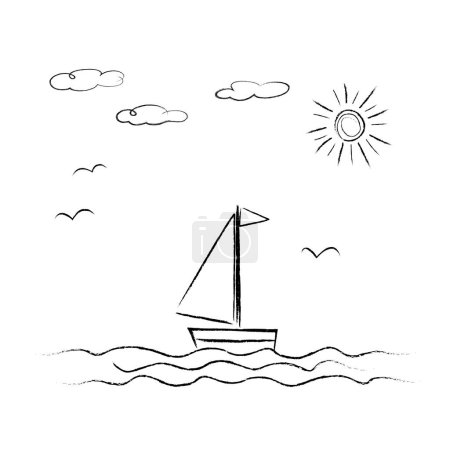 Ilustración de Mar, Velero, Sol, nubes, gaviotas garabatos dibujados por la mano de un niño con lápices. Ilustración del paisaje marino - Imagen libre de derechos