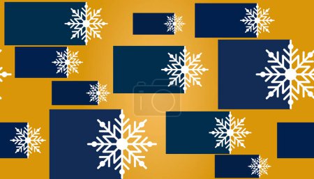 Ilustración de Fondo de Navidad con copos de nieve geométricos blancos cuadrados de color azul oscuro. fondo dorado. Papel de regalo, banner de vacaciones, póster web - Imagen libre de derechos