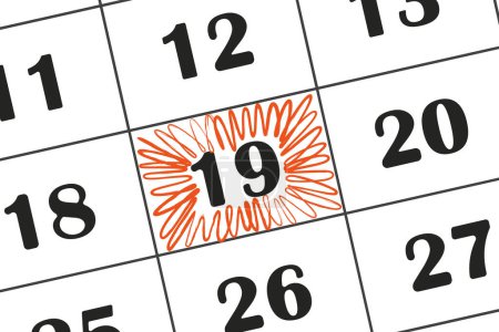Téléchargez les illustrations : La date du calendrier 19 est surlignée au crayon rouge. Calendrier mensuel. Enregistrer la date inscrite sur votre calendrier - en licence libre de droit