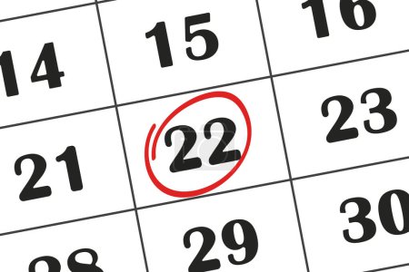 Illustration for Calendar date 22 is highlighted in red pencil. Monthly calendar. Save the date written on your calendar - Royalty Free Image