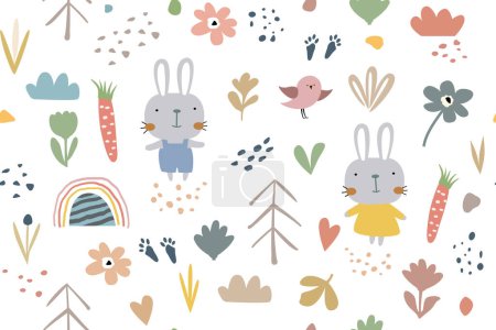 Ilustración de Conjunto de lindos conejos de dibujos animados, flores y hojas. - Imagen libre de derechos