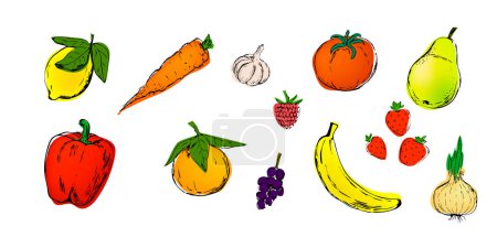Téléchargez les illustrations : Aquarelle sertie de fruits sur fond blanc - en licence libre de droit