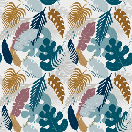 Ilustración de Modern seamless pattern with tropical leaves, dense jungle. Minimalistic botanical pattern, trendy colors. Vector background - Imagen libre de derechos