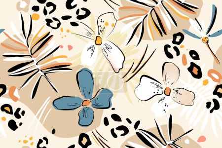 Ilustración de Fondo botánico de hojas abstractas de palma y parches de piel de leopardo. Dibujado a mano patrón inconsútil fondo tropical de verano. Dibujo esquemático de contornos negros y colores pastel. papel pintado, cubierta - Imagen libre de derechos