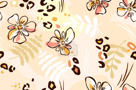 Illustration for Botanical background of abstract palm leaves and leopard skin patches. Hand drawn seamless pattern summer tropical background. Sketchy drawing of black outlines and pastel colors. wallpaper, cover - Royalty Free Image