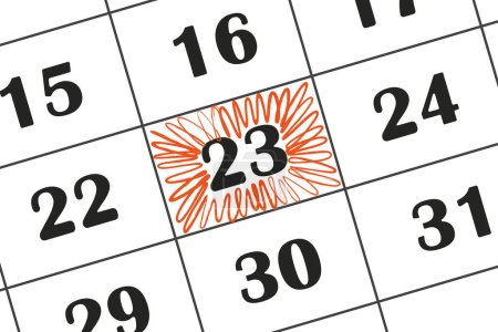 Téléchargez les illustrations : La date du calendrier 23 est surlignée au crayon rouge. Calendrier mensuel. Enregistrer la date inscrite sur votre calendrier - en licence libre de droit