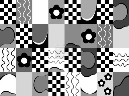 Ilustración de Patrón sin costura abstracto con flores geométricas, tablero de ajedrez en blanco y negro, formas y líneas que fluyen. Fondo en un estilo plano para Internet, redes sociales, impresión - Imagen libre de derechos