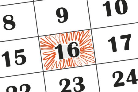 Illustration for Calendar date 16 is highlighted in red pencil. Monthly calendar. Save the date written on your calendar - Royalty Free Image