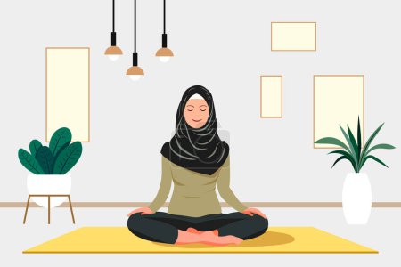 Téléchargez les illustrations : Studio de yoga à la maison. Les femmes musulmanes s'assoient dans une posture de méditation sur un tapis. Cours de yoga à la maison. Intérieur d'un appartement moderne. Concept de yoga. - en licence libre de droit