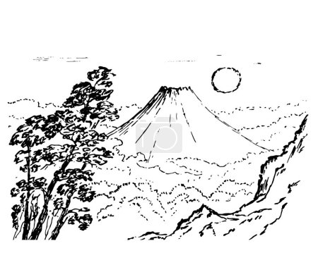 Illustration for Japanese mountain ink hand drawn style. black and white illustration. - Royalty Free Image