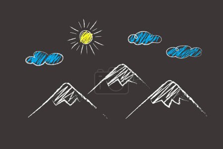 Téléchargez les illustrations : Montagnes, Soleil, nuages gribouillis par la main d'un enfant avec des crayons de couleur - en licence libre de droit