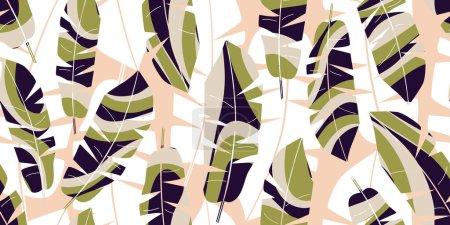 Ilustración de Fondo abstracto con hojas de plátano tropical en diferentes colores. Patrón sin costura vectorial para imprimir en papel pintado, papel, ropa de cama, tela - Imagen libre de derechos