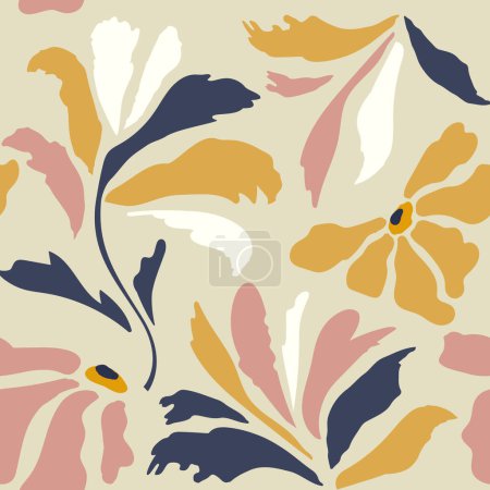 Illustration for Seamless botanical pattern, modern collage of drawings of various flowers, branches, hand drawn ink sketch - Royalty Free Image