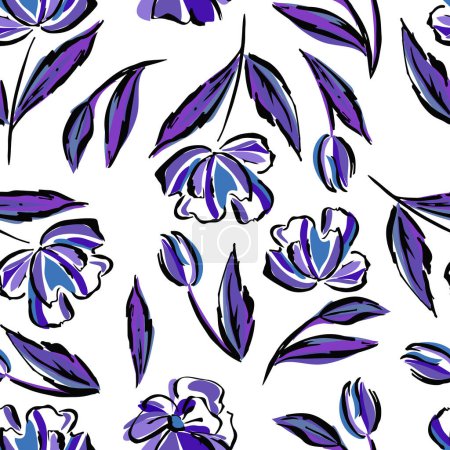 Illustration for Summer handmade floral background. Botanical background from abstract flowers. Sketchy drawing of black outlines and blue, purple, lilac strokes. Printing on wallpaper, covers, textiles - Royalty Free Image