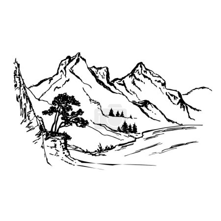 Illustration for Mountains landscape, rocks, trees, fir trees. Freehand sketch Black ink drawing on white background. Rocky peaks in a graphic style. - Royalty Free Image