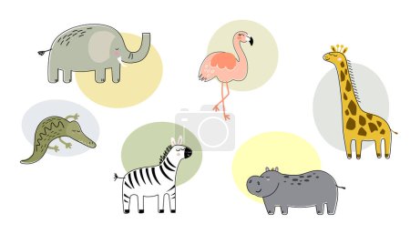 Téléchargez les illustrations : Ensemble d'animaux africains. Girafe, flamant rose, zèbre, éléphant, hippopotame, crocodile. Style de dessin animé moderne. Tous les objets sont isolés. - en licence libre de droit