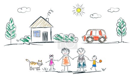 Illustration for Family of brother, sister holding hands with mother and father. The drawings are drawn by a child's hand with colored pencils on white paper. - Royalty Free Image