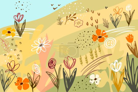 Ilustración de Pradera y jardín flores abstractas y hierbas. Patrón moderno con texturas de garabatos y elementos florales - Imagen libre de derechos