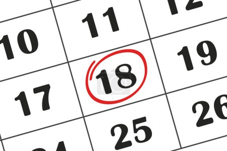Téléchargez les illustrations : La date du calendrier 18 est surlignée au crayon rouge. Calendrier mensuel. Enregistrer la date inscrite sur votre calendrier - en licence libre de droit