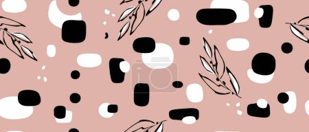 Illustration for Geometric modern minimalist banner. Seamless pattern. Abstract white and black spots with rounded corners of different sizes sand shapes, botanical elements on an ash pink background - Royalty Free Image