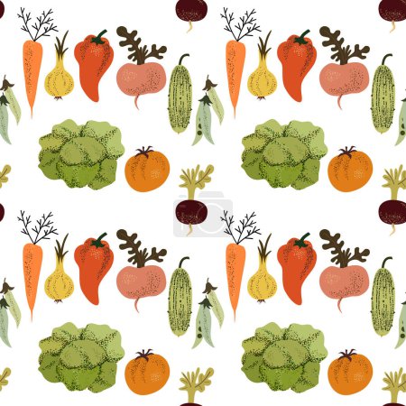 Téléchargez les illustrations : Ensemble de légumes sans couture. Légumes fond. Style scandinave. Aliments biologiques sains. Concombres, navets de betteraves, carottes, oignons, tomates, poivrons, pois verts - en licence libre de droit