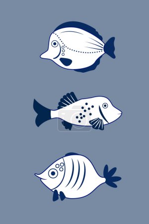 Téléchargez les illustrations : Petit poisson bleu blanc dessin animé dans un ensemble de style scandinave simple - en licence libre de droit