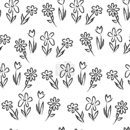 Téléchargez les illustrations : Modèle botanique sans couture avec des fleurs sauvages dessinées à la main. Croquis monochrome au crayon de plantes sur fond blanc. - en licence libre de droit