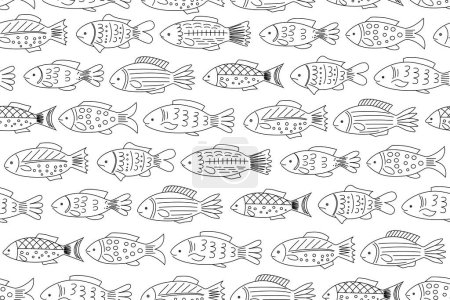 Illustration for Fishes on a seamless pattern. Ocean fish vector icons. Line contour on a white background. - Royalty Free Image