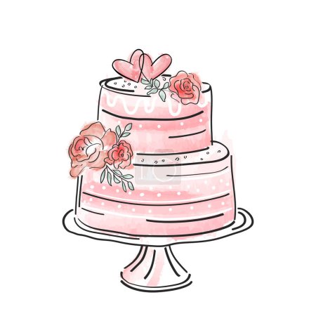 Mehrschichtiger Kuchen, Rosie, Herzen, Stand. Moderne Handzeichnung, Doodle-Stil und Aquarell isoliert auf weißem Hintergrund. Hochzeitskarte, Logo-Aufkleber für Bäckerei.