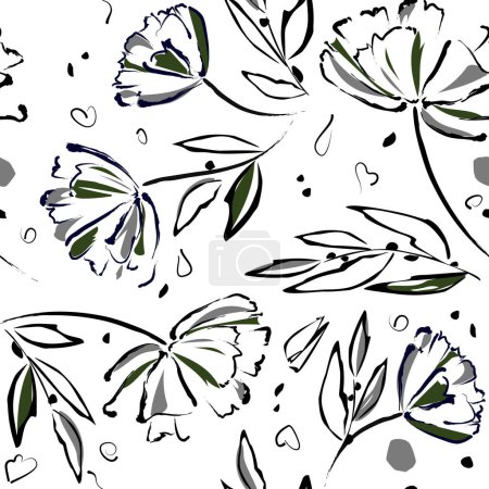 Illustration for Botanical background from abstract outlines of flowers and leaves. seamless pattern summer floral background. Sketch drawing of black outlines and gray strokes. Vintage style. Printing on wallpaper, covers, bed linen - Royalty Free Image