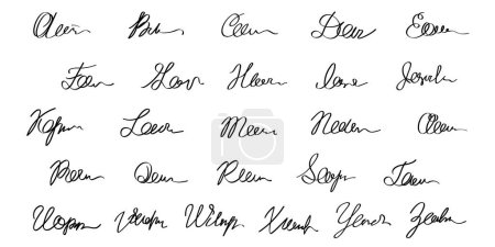 Conjunto de muestras del alfabeto de autógrafos falsos, inscripciones manuscritas. Letras de firma dibujadas en tinta aisladas sobre fondo blanco.