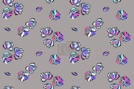 Illustration for Botanical background of abstract flowers in modern trendy style. Seamless pattern summer floral background on gray. Sketchy flat design of black outlines and bright white pink blue lilac strokes. Print, wallpaper, coating, textile - Royalty Free Image
