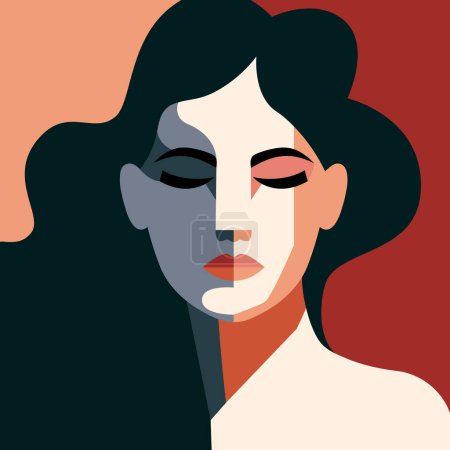 Illustration for Woman portrait flat minimalist style. Long dark hair, geometric face shape. Surrealism - Royalty Free Image