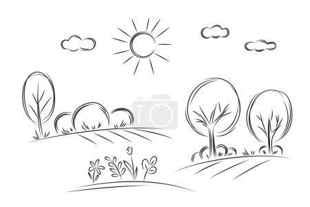 Illustration for Landscape with trees, bushes, flowers, sun, clouds. Natural background.  Hand drawn vector graphic illustration. Single line drawing concept. Black lines on white background. - Royalty Free Image