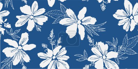 Illustration for Modern simple blue white monochrome seamless floral pattern. Background of big white flowers. Various botanical elements scattered over a navy blue background. Vector for printing on fabric, wallpaper, apparel, web design. - Royalty Free Image