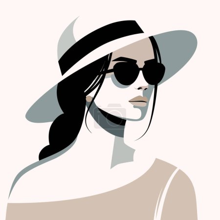Joven hermosa fashionista en un sombrero de ala y gafas de sol. Hermoso diseño femenino. Retrato de mujer moderna minimalista abstracto, dibujo vectorial estilo minimalista plano