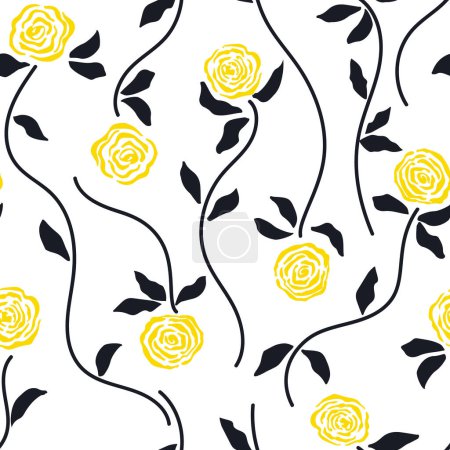 Ilustración de Seamless floral pattern with hand drawn floral garden elements, yellow roses and dark leaves on off-white, white background. Monochrome modern botanical print - Imagen libre de derechos