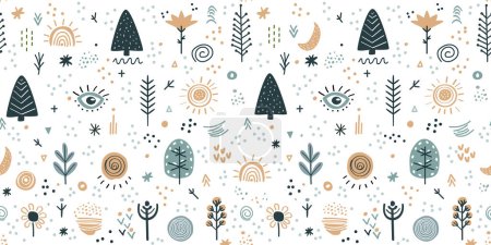 Illustration for Seamless pattern with cute children hand drawn trees, plants, design elements on white background in Scandinavian style. Baby texture for fabric, wallpaper, clothing, packaging. - Royalty Free Image