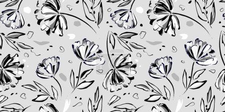 Ilustración de Patrón floral sin costuras con jardín de flores dibujado a mano y elementos de fondo de hojas en gris, blanco y negro. Impresión botánica monocromática - Imagen libre de derechos