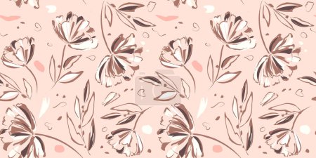 Ilustración de Patrón floral sin costuras con jardín de flores dibujadas a mano y elementos de fondo de hojas en colores rosa, blanco y marrón - Imagen libre de derechos