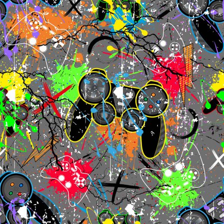 Ilustración de Patrón de joystick, manchas de colores, aerosol y elementos geométricos - Imagen libre de derechos