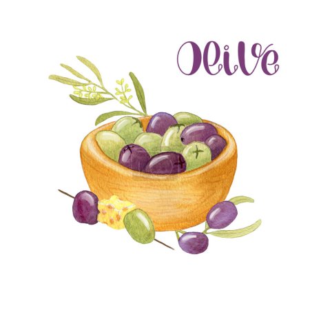 Foto de Aceitunas. Aceitunas verdes y púrpuras en un tazón de madera y en una rama de olivo. Ilustración Aislado sobre fondo blanco. Dibujo a mano. - Imagen libre de derechos