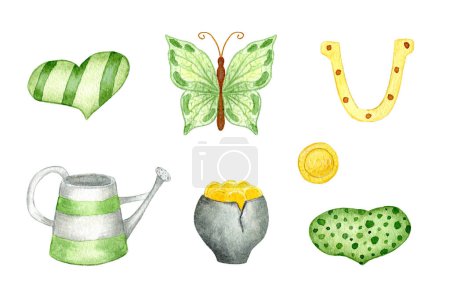 Photo for Watercolor Elements For St. Patricks Day. Illustration isolated on a white background. Horseshoe, butterfly, Cauldron of Coins and Hearts - Royalty Free Image
