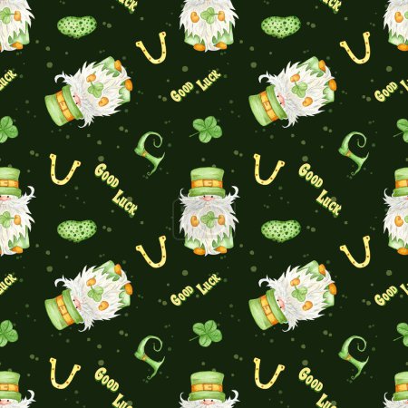 Téléchargez les photos : Watercolor seamless pattern for St. Patricks Day. Illustration with gnome, horseshoe, boot and clover - en image libre de droit