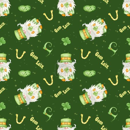 Téléchargez les photos : Watercolor seamless pattern for St. Patrick's Day. Illustration with gnome, horseshoe, boot and clover - en image libre de droit