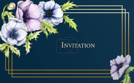 Téléchargez les photos : Watercolor card with Anemone flowers on a dark blue background. Hand drawn illustration of anemone flowers. Horizontal frame. Design of invitations, greetings and banners - en image libre de droit