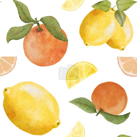 Téléchargez les photos : Watercolor Lemon and Orange Seamless Pattern with Fruit Slices. Tropical Fruit Citrus pattern. The illustration is hand drawn - en image libre de droit