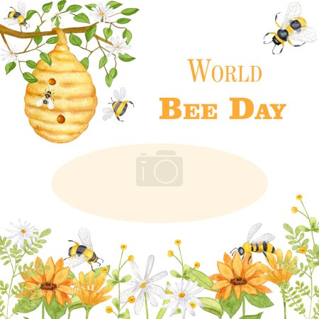 Téléchargez les photos : Journée mondiale des abeilles mellifères. Carte aquarelle, bannière, affiche avec abeilles, fleurs, miel et ruche. L'illustration est dessinée à la main - en image libre de droit